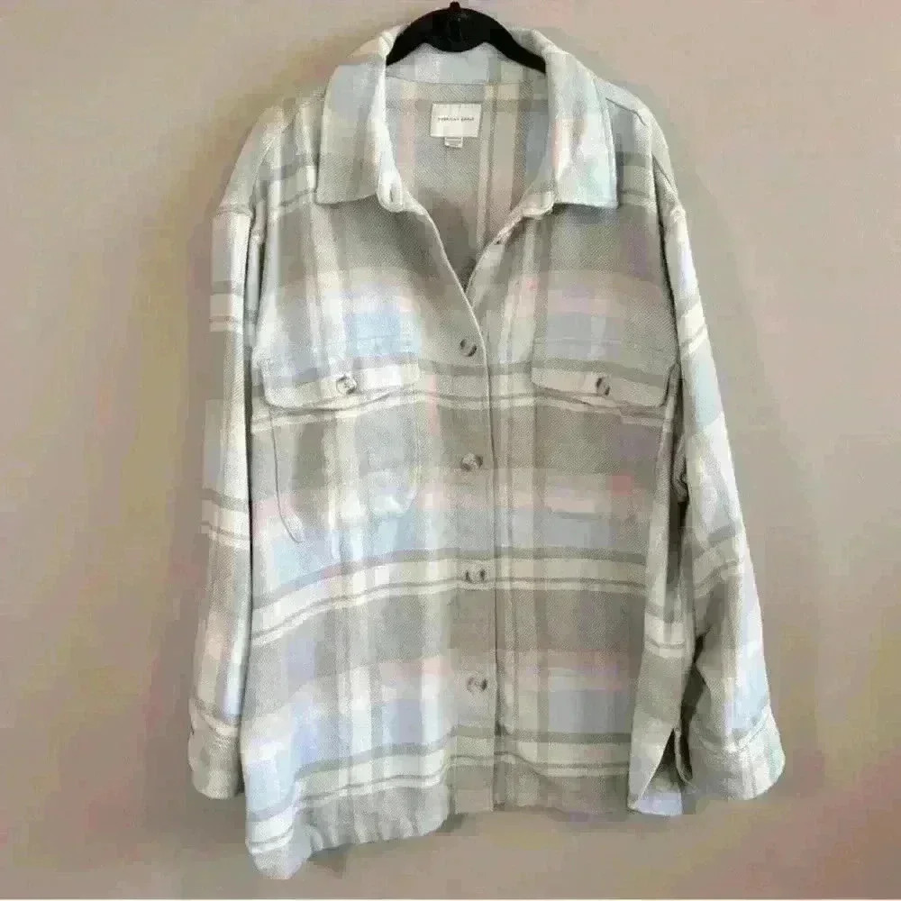 Oversized American Eagle Women’s Blue Gray Plaid Shacket XXL farmcore baggy